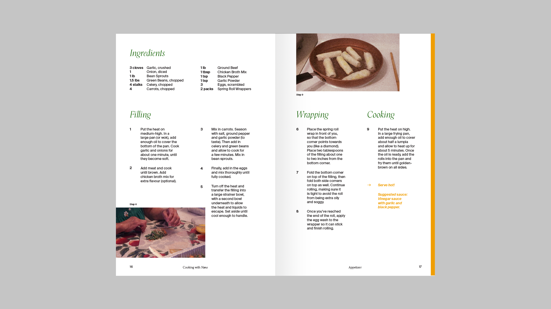 Spread of a page showing ingredients and instructions of a recipe.